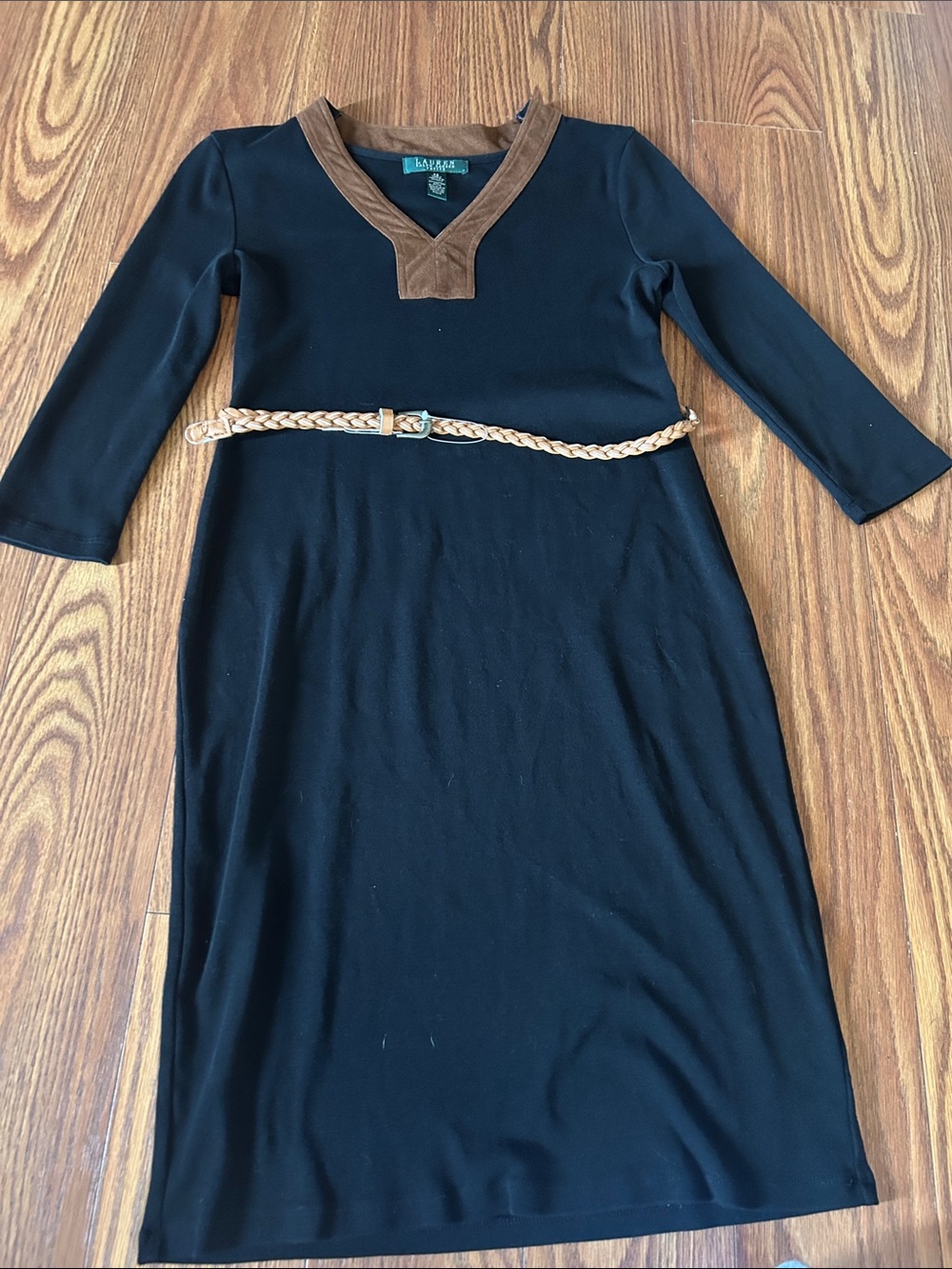 Lauren Ralph Lauren Petite PS Black Brown Faux Suede Trim Belt Dress 3/4 Sleeve